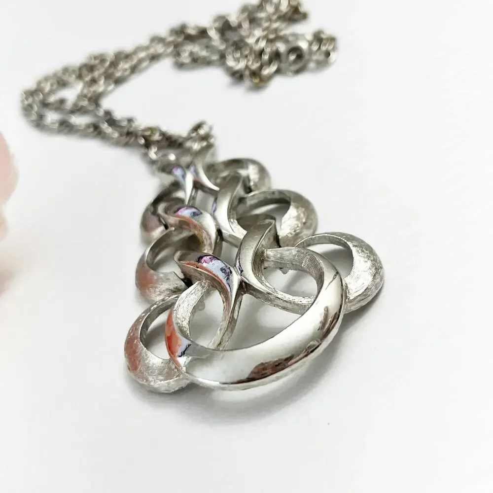 Crown Trifari Vintage Silver Braided Swirl Pendant Necklace